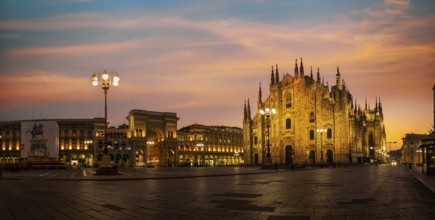 Cathedral on the Duomo square in Milan at sunrise, Italy