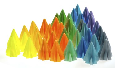 Colorful origami flower units isolated on white triangle shared like rainbow