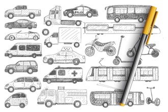 Types of vehicles doodle set. Collection of hand drawn cars buses scooters police car trucks