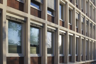 Sunlight reflecting on a modern building facade with rows of windows and venetian blinds, creating