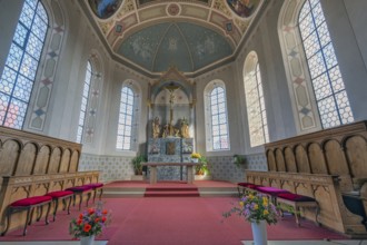 Main altar with choir stalls, St. Blasius Catholic Parish Church in Dietmannsried, Allgäu, Bavaria,