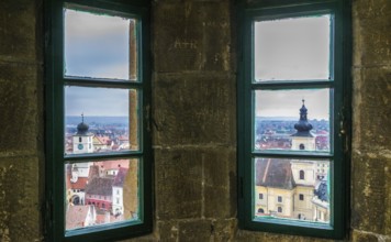Sibiu Council Tower and Holy Trinity Roman Catholic Church viewed from the Evangelical Church