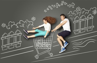 Happy Valentine's Day love story concept of a romantic couple on chalk drawings background. Male