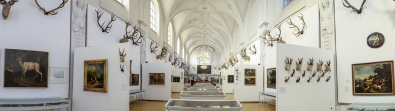 Panoramic photo of the interior of the German Hunting and Fishing Museum, Munich, Upper Bavaria,