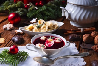 Christmas beetroot soup borscht with small dumplings