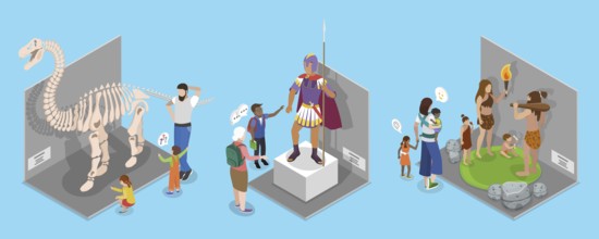 3D Isometric Flat Illustration of School Museum Excursion, Cultural Education, Exhibition
