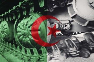 Military tank close-up Caterpillar Track with Algeria flag Background