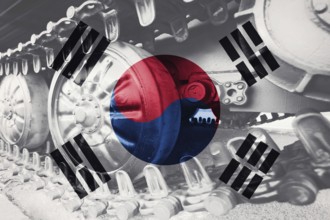 Military tank close-up Caterpillar Track with South Korea flag Background