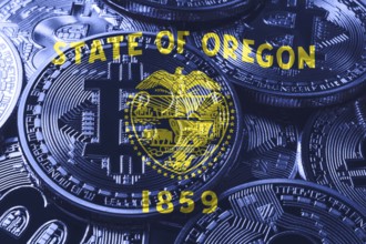 Oregon bitcoin flag, Oregon cryptocurrency concept background