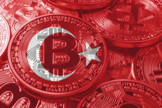 Turkey bitcoin flag, national flag cryptocurrency concept black background