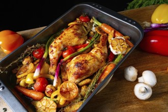 Roasted chicken legs with various vegetables