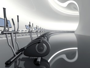Futuristic huge curved modern gym with many elliptical cross trainer in a row