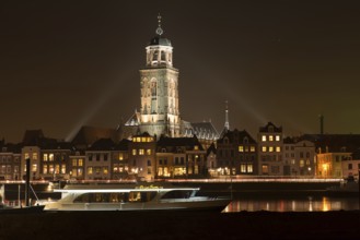 Illuminated skyline of the city of Deventer in the center of the Netherlands because of a special