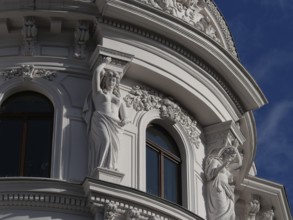 View upwards to enchanting facades on Dittrichring. Leipzig, Saxony, Germany