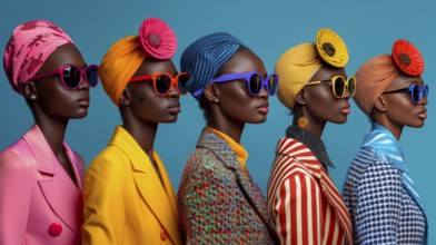 Models in stylish outfits and colorful sunglasses against a blue background