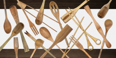 Topview of Set Cooking Wooden Utensils on Table Background