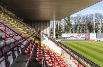 Belgium, 02 16 2019: Colorful seats on the tribunes of the Racing White Daring Molenbeek football