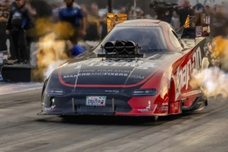 Sep 22, 2023-Concord, NC: NHRA Funny Car Series driver, Cruz Pedregon, runs down the lane during a