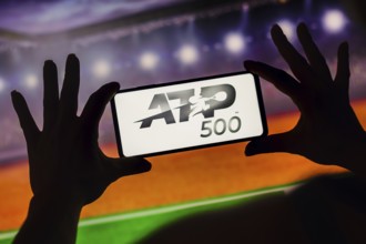 In this photo illustration, the ATP 500 (ATP World Tour 500) logo is displayed on a smartphone