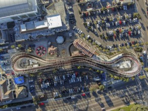Aerial view of iconic Giant Dipper roller coaster in Belmont Park, an amusement park built in 1925