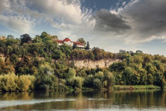 Autumn Landscape, River And Shores With Trees, Bushes And City Houses Marbach Am Neckar. Panoramic