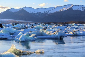Panoramic view of Jokulsarlon glacial lake in the summer evening light, Iceland