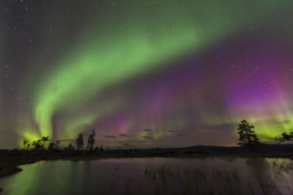 Northern Lights (Aurora borealis) reflected in a mountain lake, Gällivare, Norrbotten, Lapland,