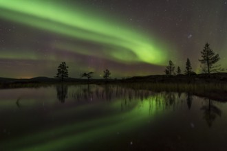 Northern Lights (Aurora borealis) reflected in a mountain lake, Gällivare, Norrbotten, Lapland,