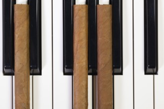 Detail of piano keyboard and luxury cigars