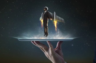 Waiter hand holding an empty digital tablet with Businessman wear a rocket suit to lift, Business