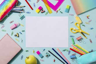 Creative student desk with empty white sheet and colorful modern school supplies on blue background
