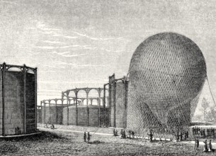 Departure of a gas balloon from the La Villette gas plant, Paris, France, 19th century