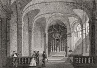 The Conciergerie, chapel of the prison, Paris, antique steel engraved print, 1831
