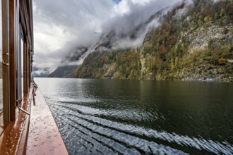 View of the surrounding rock faces from a boat on the Königssee, Berchtesgadener Land, Bavaria,