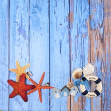 Beach poster on wooden background with starfishes and cabins