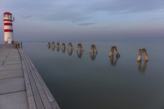 Morgenstimmung am See, Leuchtturm und Poller im Neusiedlersee, Podersdorf, Burgenland, Österreich