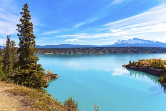 Picturesque Abraham Lake with blue water. Sunny day in October. Gorgeous Canadian autumn. Journey