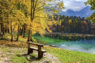 Picturesque wooden bench on the lake. The bright colors of the autumn forests are reflected in the