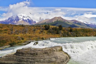 South of Chile. Scenic powerful and high-water waterfall Cascades Paine in the national park Torres