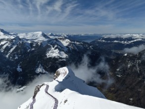 Anti-Avalanche Structures, Snow Bridges, Snow Nets on Mannlichen Mountain. Swiss Alps. Switzerland.