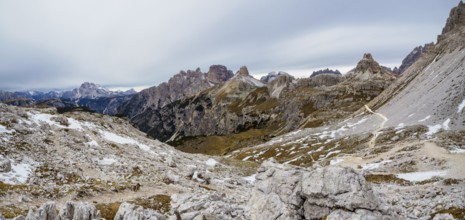 Panoramic view of the famous peaks of the Dolomites, Tre Cime di Lavaredo National Park, Dolomiti