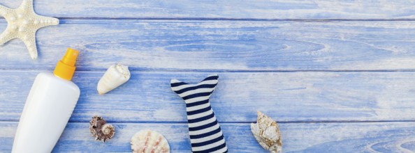 Long wide banner flat lay concept summer travel vacations. Top view of sunscreen bottle mockup