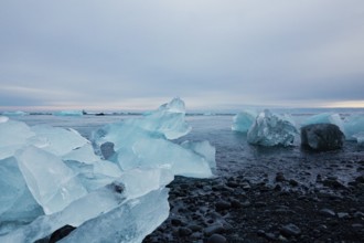 Vast icy shoreline seen with scattered icebergs under a wide overcast sky, Expansive icy scene with