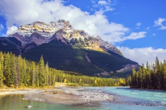 Jasper Park. Canada. Mountain and river make up magnificent landscapes. The Athabasca River begins