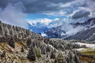 Heavy rain clouds flying over mountains. Evergreen forests in the valley covered with the first
