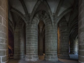 Mont-Saint-Michel, monastery mountain, crypt of the massive columns built in the middle of the 15th