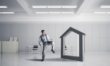 Determined businessman going to break with kick house concrete figure