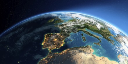 Highly detailed Earth with atmosphere, exaggerated relief and light-flooded cities. Transition from