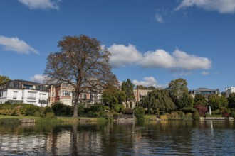Stylish townhouses reflected in the water, surrounded by lush autumn foliage, Alster, Hamburg,
