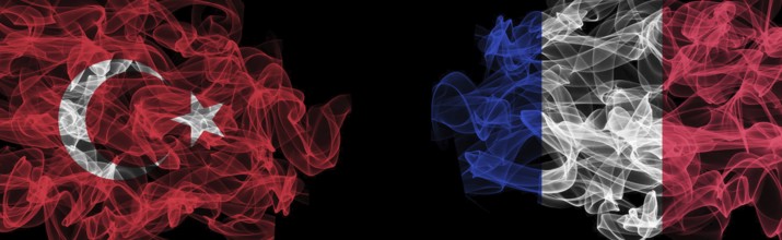 Flags of Turkey and France on Black background, Turkey vs France Smoke Flags